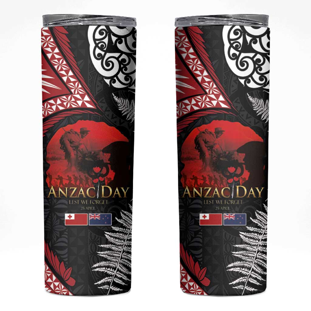 Tonga and New Zealand ANZAC Day Skinny Tumbler Gallipoli Lest We Forget-Ngatu Art Tribal and Maori Tattoo with Fern