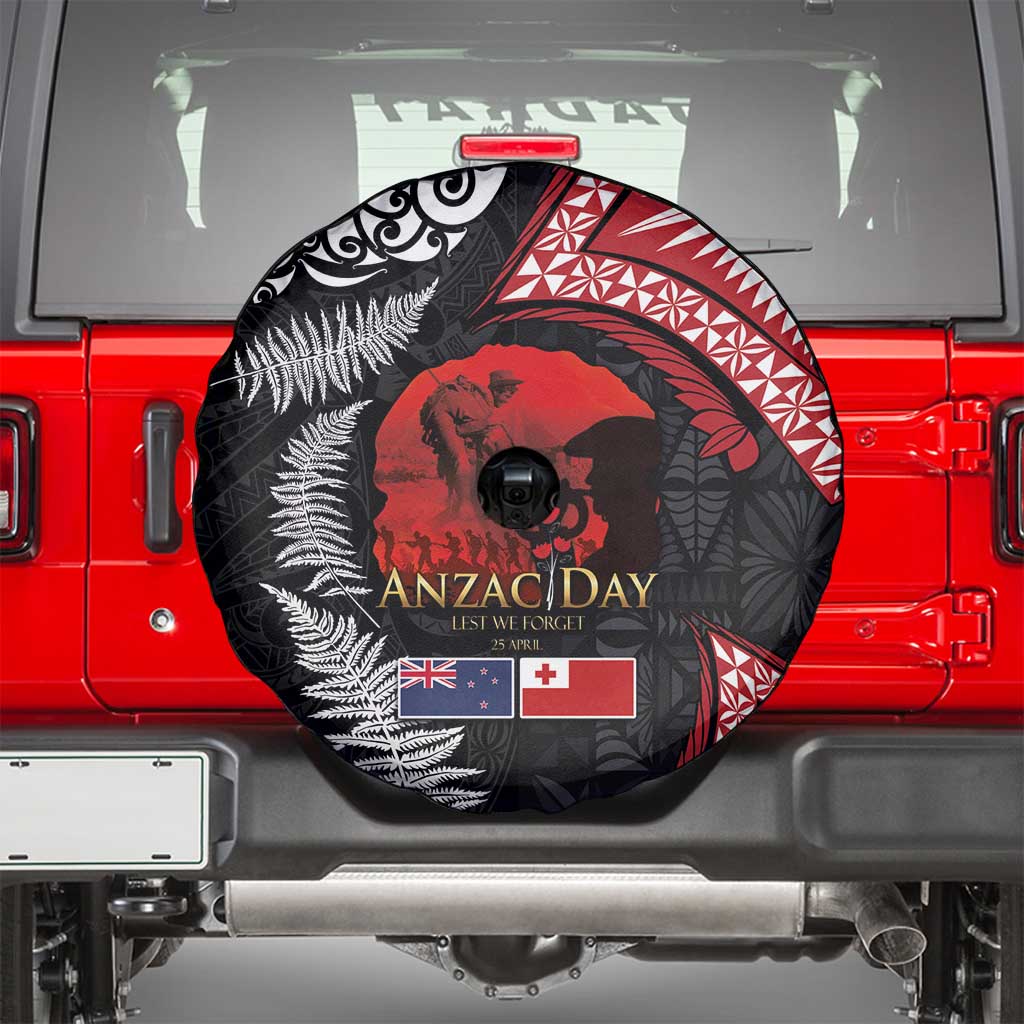 Tonga and New Zealand ANZAC Day Spare Tire Cover Gallipoli Lest We Forget Ngatu Art Tribal and Maori Tattoo with Fern LT03