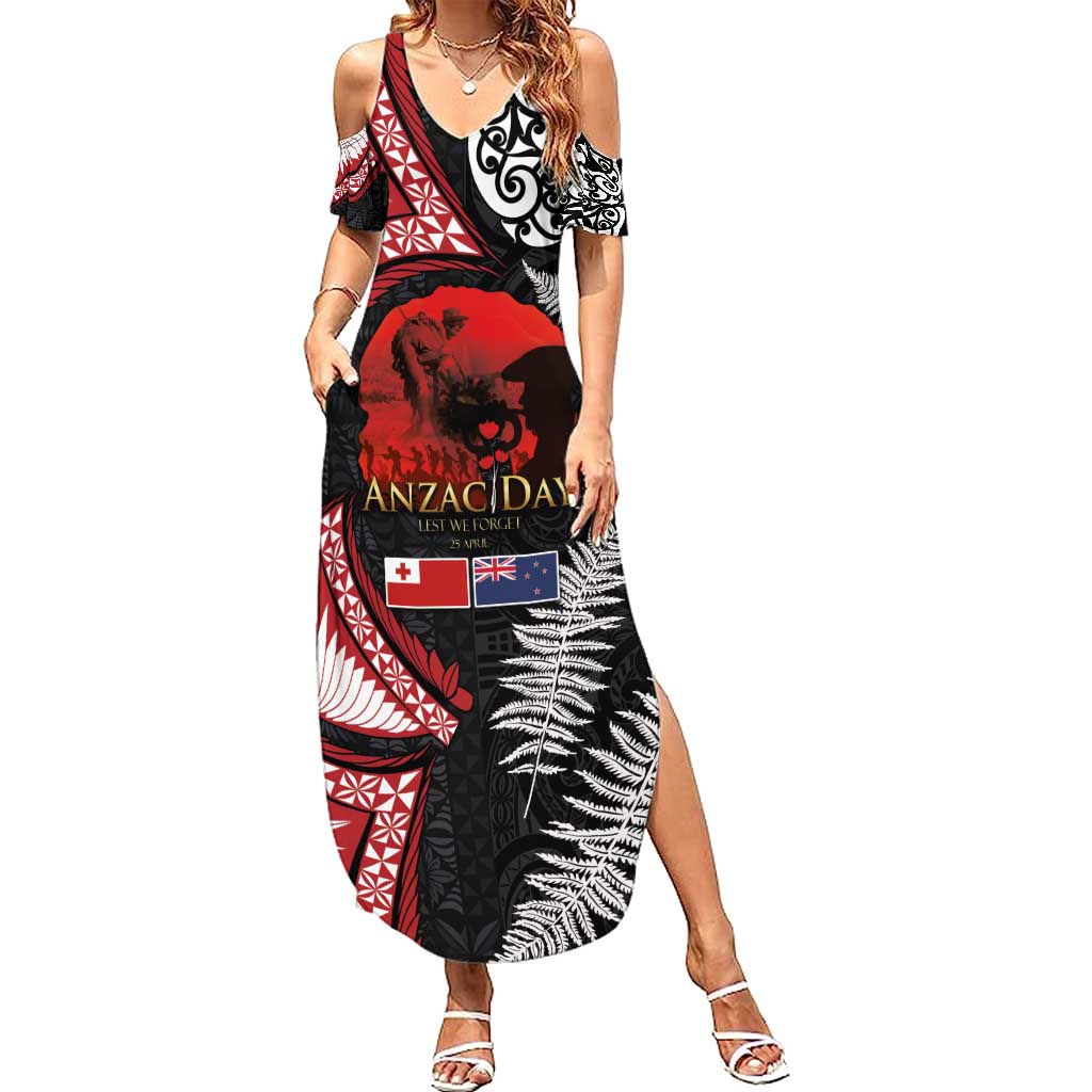 Tonga and New Zealand ANZAC Day Summer Maxi Dress Gallipoli Lest We Forget Ngatu Art Tribal and Maori Tattoo with Fern LT03