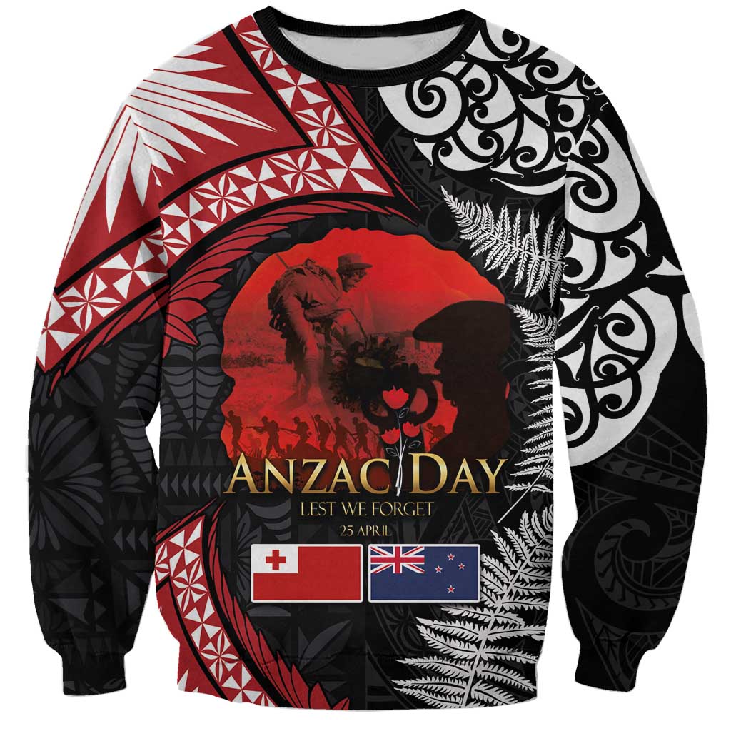 Tonga and New Zealand ANZAC Day Sweatshirt Gallipoli Lest We Forget Ngatu Art Tribal and Maori Tattoo with Fern LT03 Unisex Black - Polynesian Pride