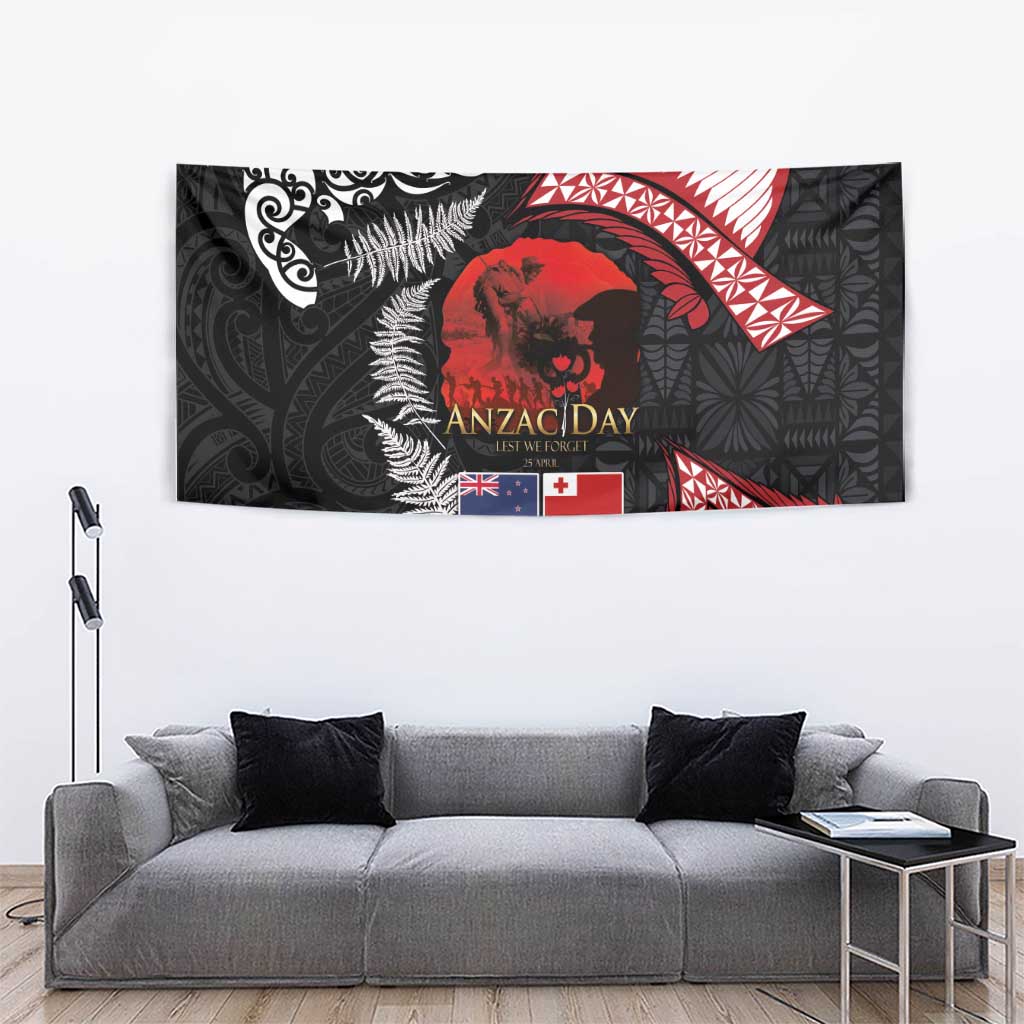 Tonga and New Zealand ANZAC Day Tapestry Gallipoli Lest We Forget Ngatu Art Tribal and Maori Tattoo with Fern LT03