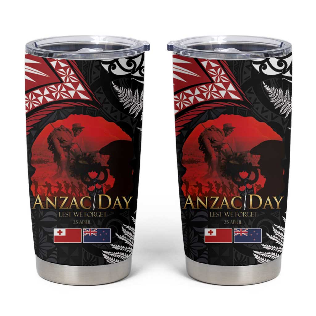 Tonga and New Zealand ANZAC Day Tumbler Cup Gallipoli Lest We Forget-Ngatu Art Tribal and Maori Tattoo with Fern LT03 Black - Polynesian Pride