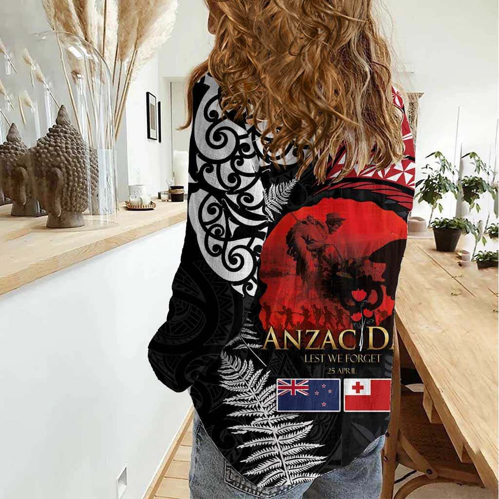 Tonga and New Zealand ANZAC Day Women Casual Shirt Gallipoli Lest We Forget Ngatu Art Tribal and Maori Tattoo with Fern LT03