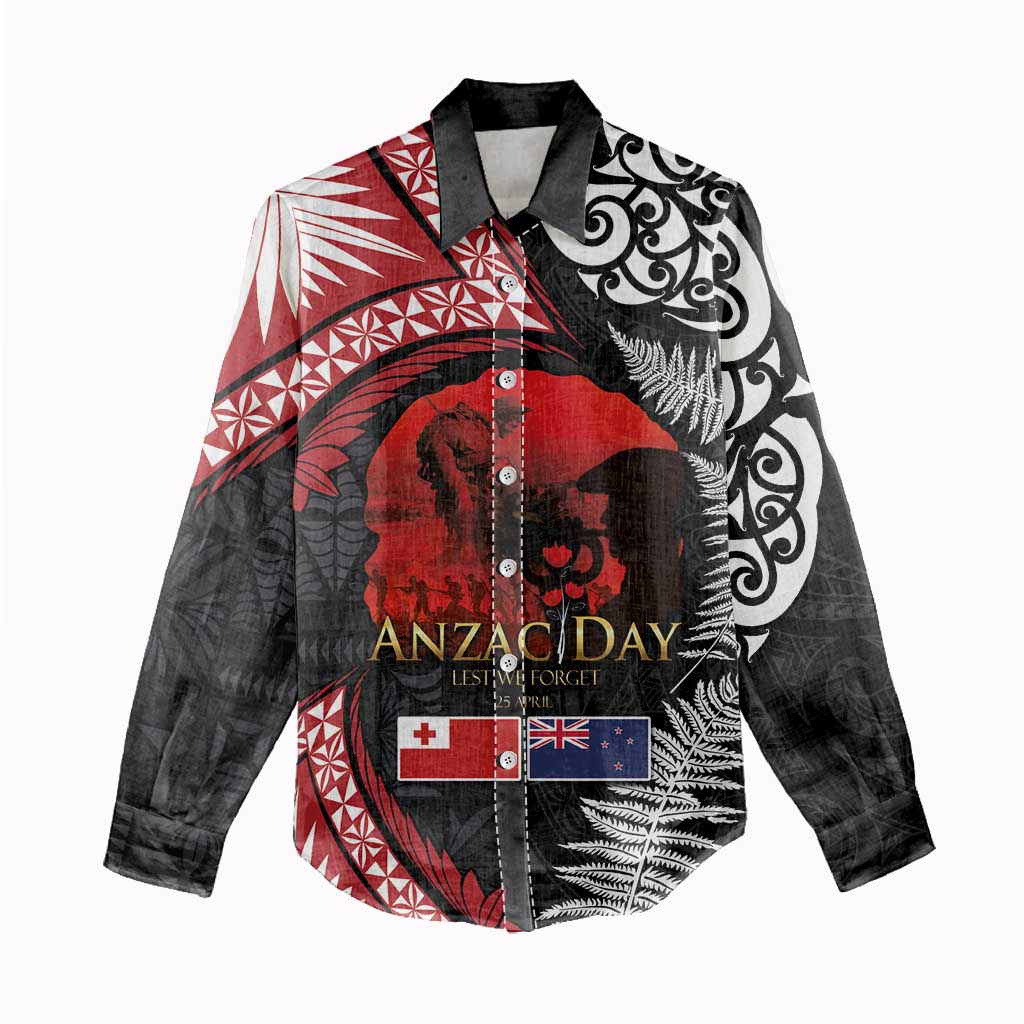 Tonga and New Zealand ANZAC Day Women Casual Shirt Gallipoli Lest We Forget Ngatu Art Tribal and Maori Tattoo with Fern LT03