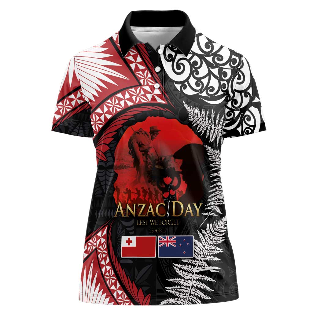 Tonga and New Zealand ANZAC Day Women Polo Shirt Gallipoli Lest We Forget Ngatu Art Tribal and Maori Tattoo with Fern LT03