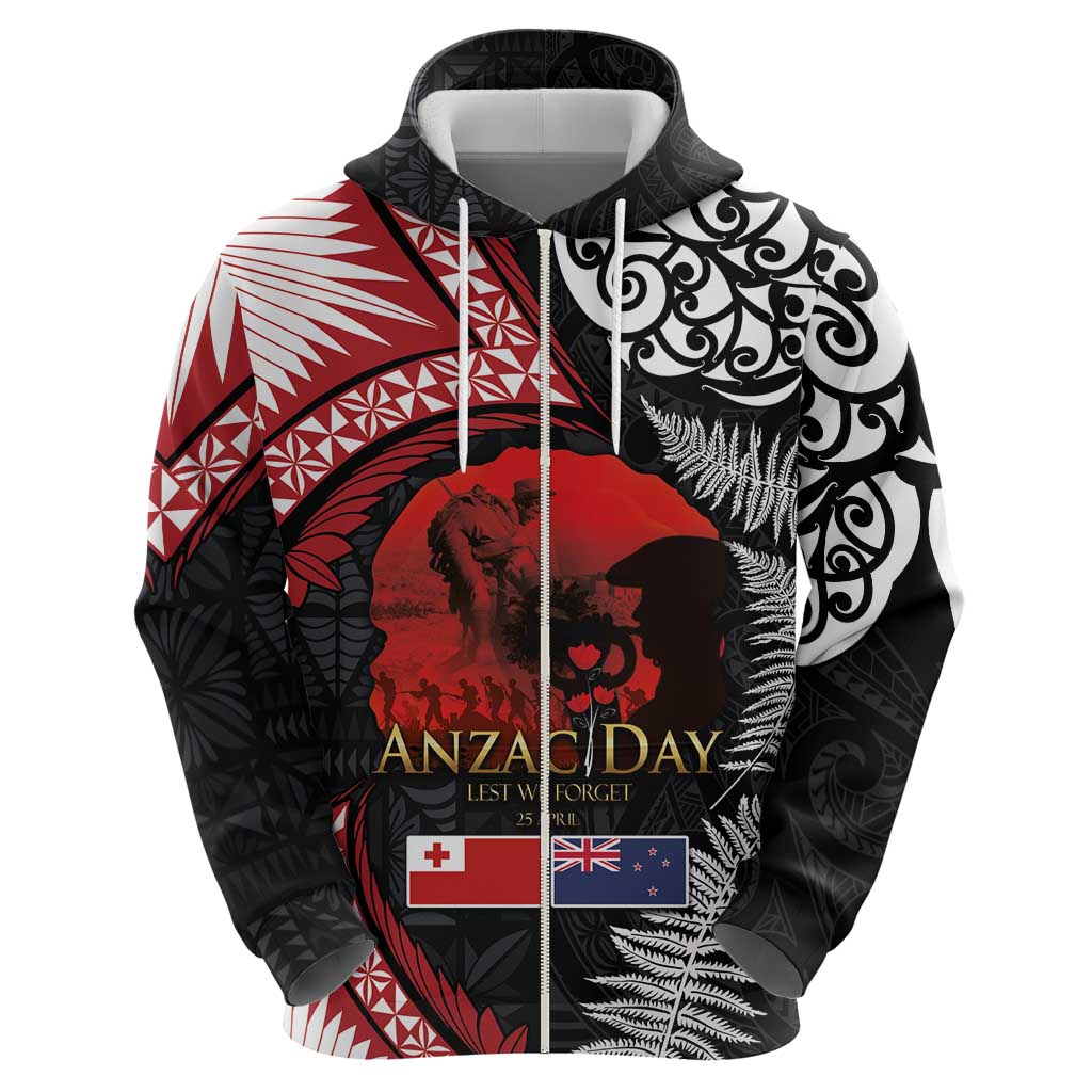 Tonga and New Zealand ANZAC Day Zip Hoodie Gallipoli Lest We Forget Ngatu Art Tribal and Maori Tattoo with Fern LT03
