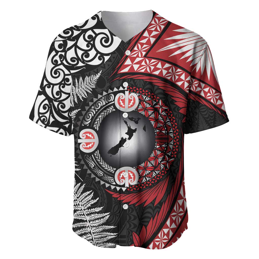 Tonga and New Zealand Together Baseball Jersey Ngatu Art Tribal Maori Tattoo and Silver Fern