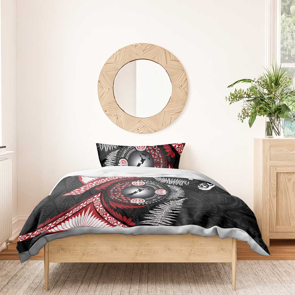 Tonga and New Zealand Together Bedding Set Ngatu Art Tribal Maori Tattoo and Silver Fern