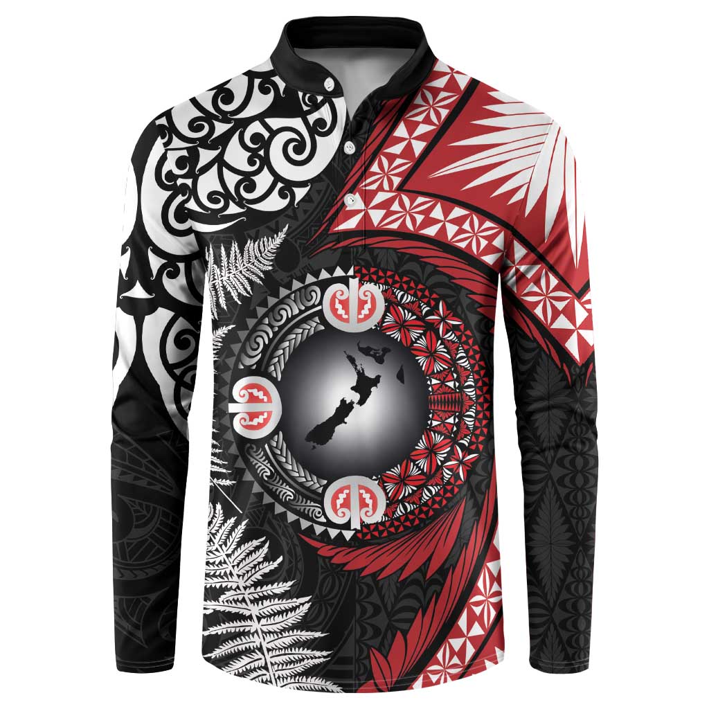 Tonga and New Zealand Together Button Sweatshirt Ngatu Art Tribal Maori Tattoo and Silver Fern LT03 Black - Polynesian Pride