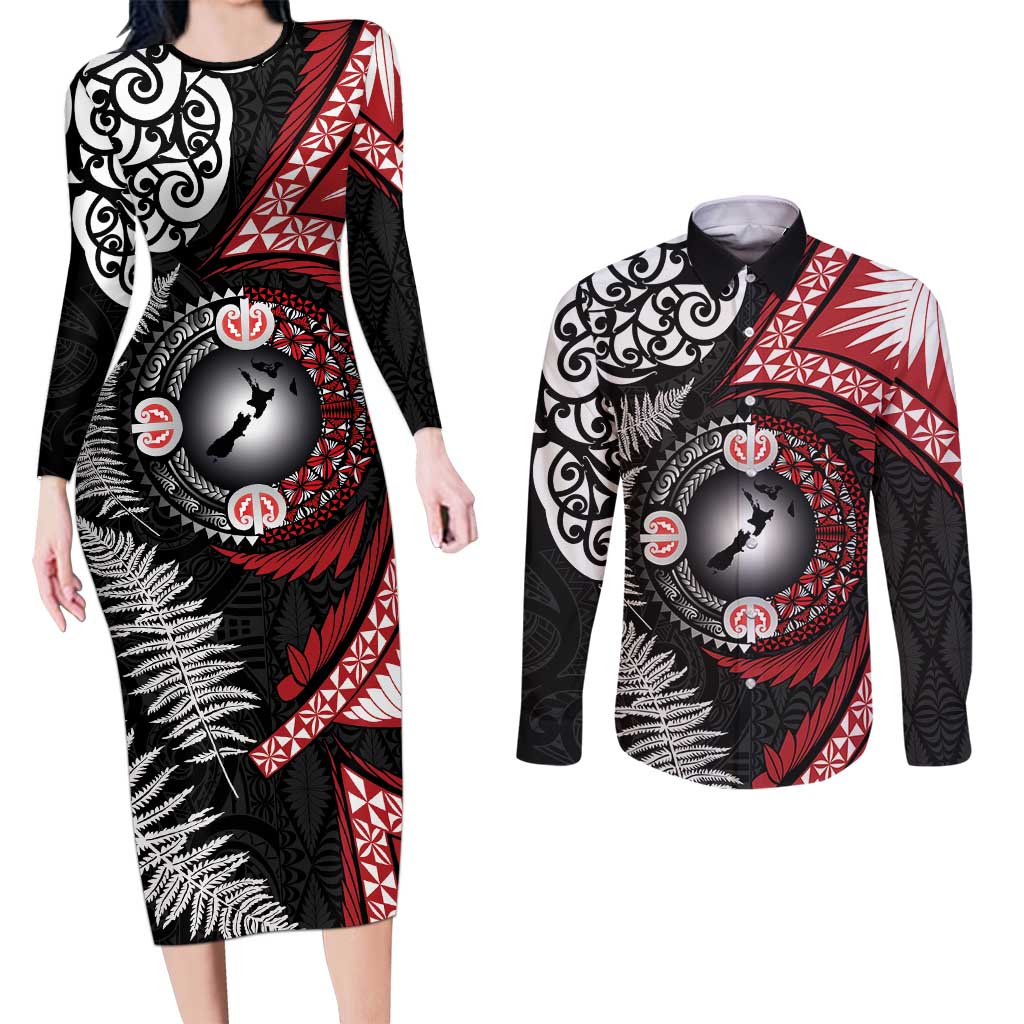 Tonga and New Zealand Together Couples Matching Long Sleeve Bodycon Dress and Long Sleeve Button Shirt Ngatu Art Tribal Maori Tattoo and Silver Fern LT03 Black - Polynesian Pride