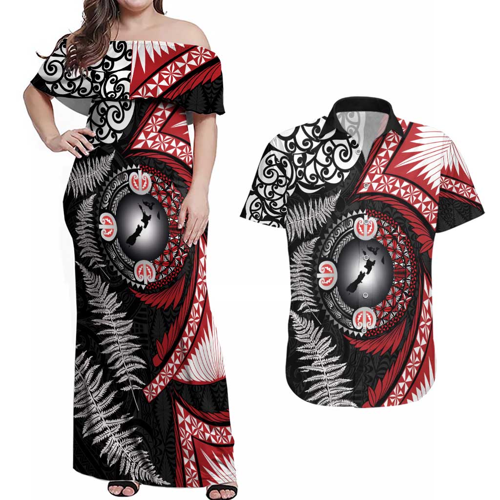 Tonga and New Zealand Together Couples Matching Off Shoulder Maxi Dress and Hawaiian Shirt Ngatu Art Tribal Maori Tattoo and Silver Fern