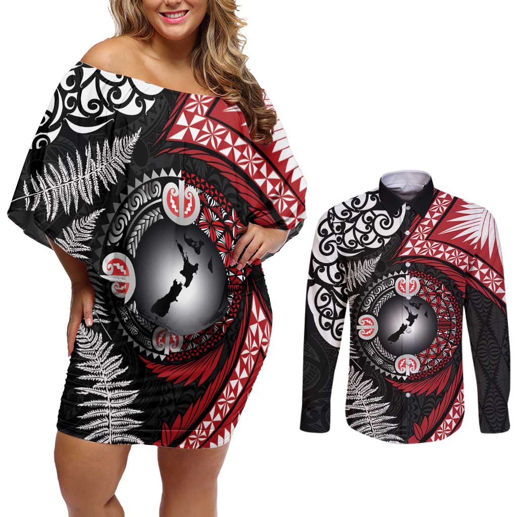 Tonga and New Zealand Together Couples Matching Off Shoulder Short Dress and Long Sleeve Button Shirt Ngatu Art Tribal Maori Tattoo and Silver Fern