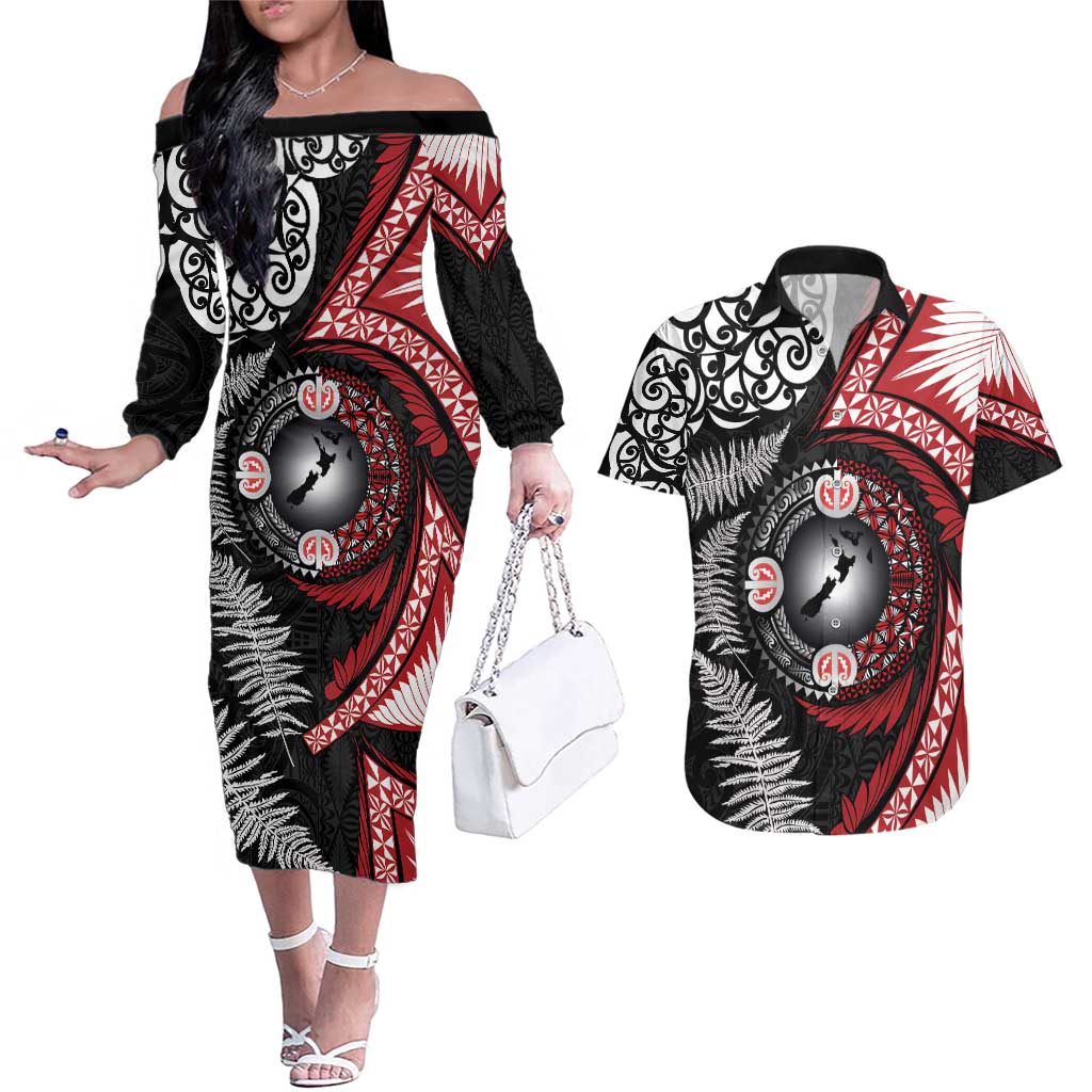 Tonga and New Zealand Together Couples Matching Off The Shoulder Long Sleeve Dress and Hawaiian Shirt Ngatu Art Tribal Maori Tattoo and Silver Fern LT03 Black - Polynesian Pride