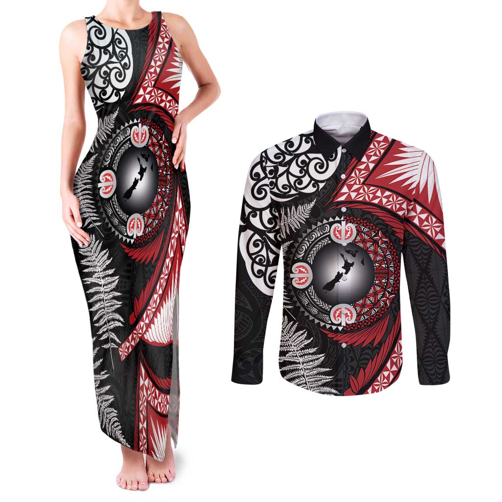 Tonga and New Zealand Together Couples Matching Tank Maxi Dress and Long Sleeve Button Shirt Ngatu Art Tribal Maori Tattoo and Silver Fern LT03 Black - Polynesian Pride
