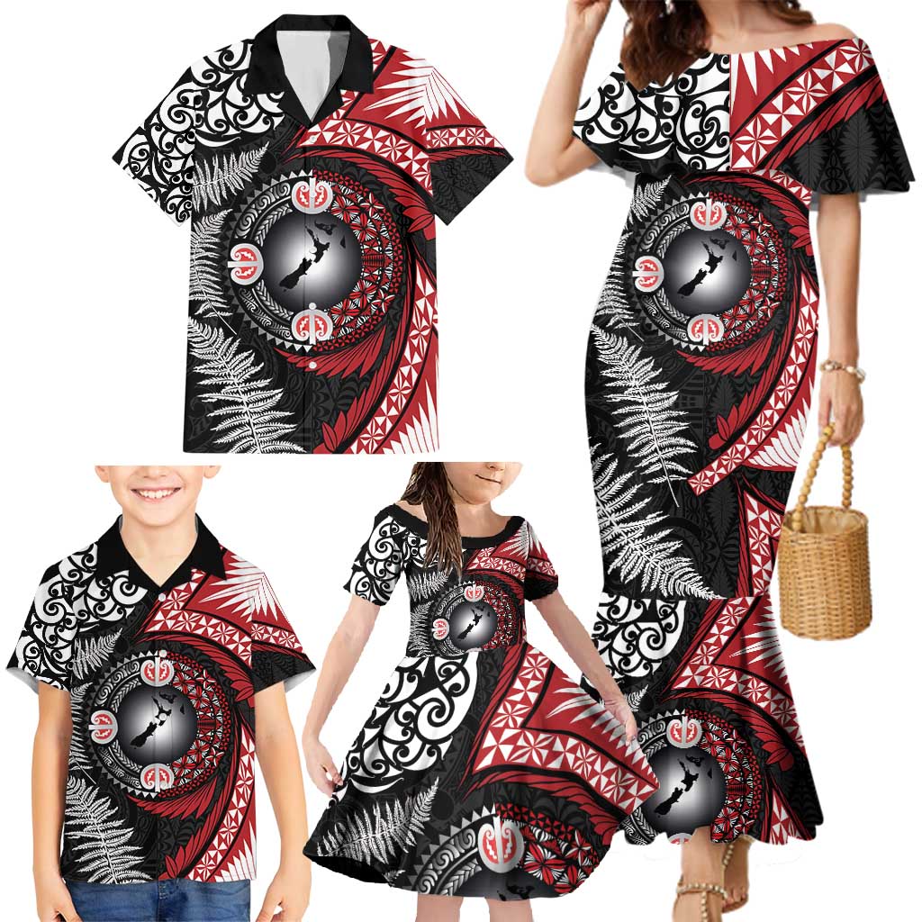 Tonga and New Zealand Together Family Matching Mermaid Dress and Hawaiian Shirt Ngatu Art Tribal Maori Tattoo and Silver Fern