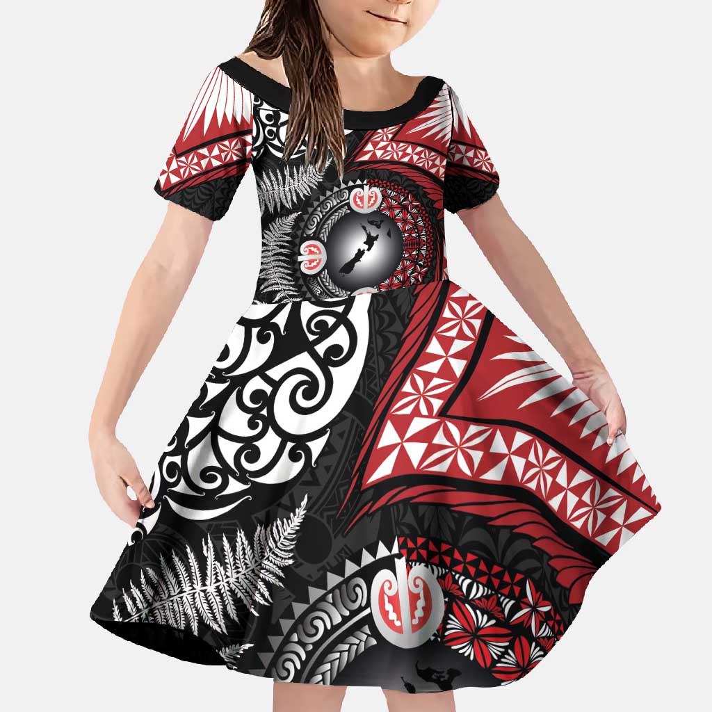 Tonga and New Zealand Together Family Matching Off Shoulder Maxi Dress and Hawaiian Shirt Ngatu Art Tribal Maori Tattoo and Silver Fern