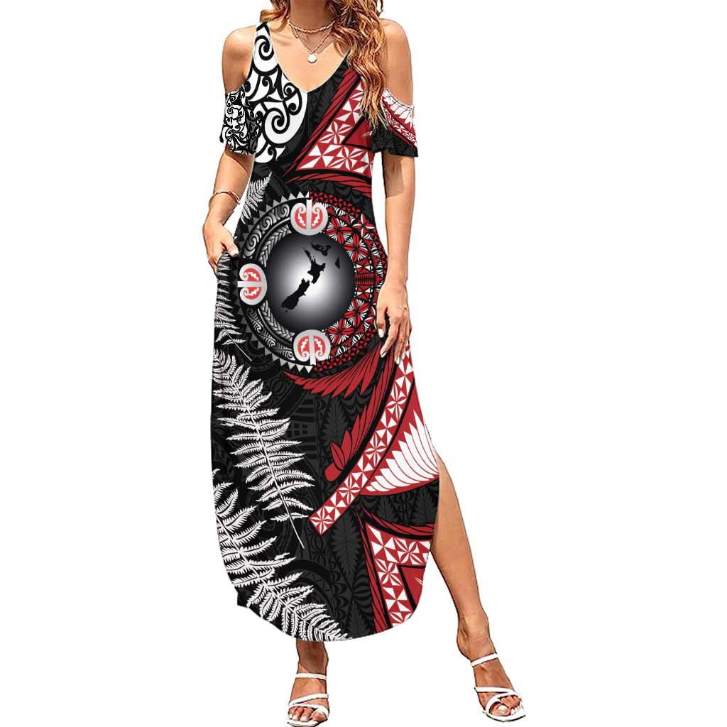 Tonga and New Zealand Together Family Matching Summer Maxi Dress and Hawaiian Shirt Ngatu Art Tribal Maori Tattoo and Silver Fern