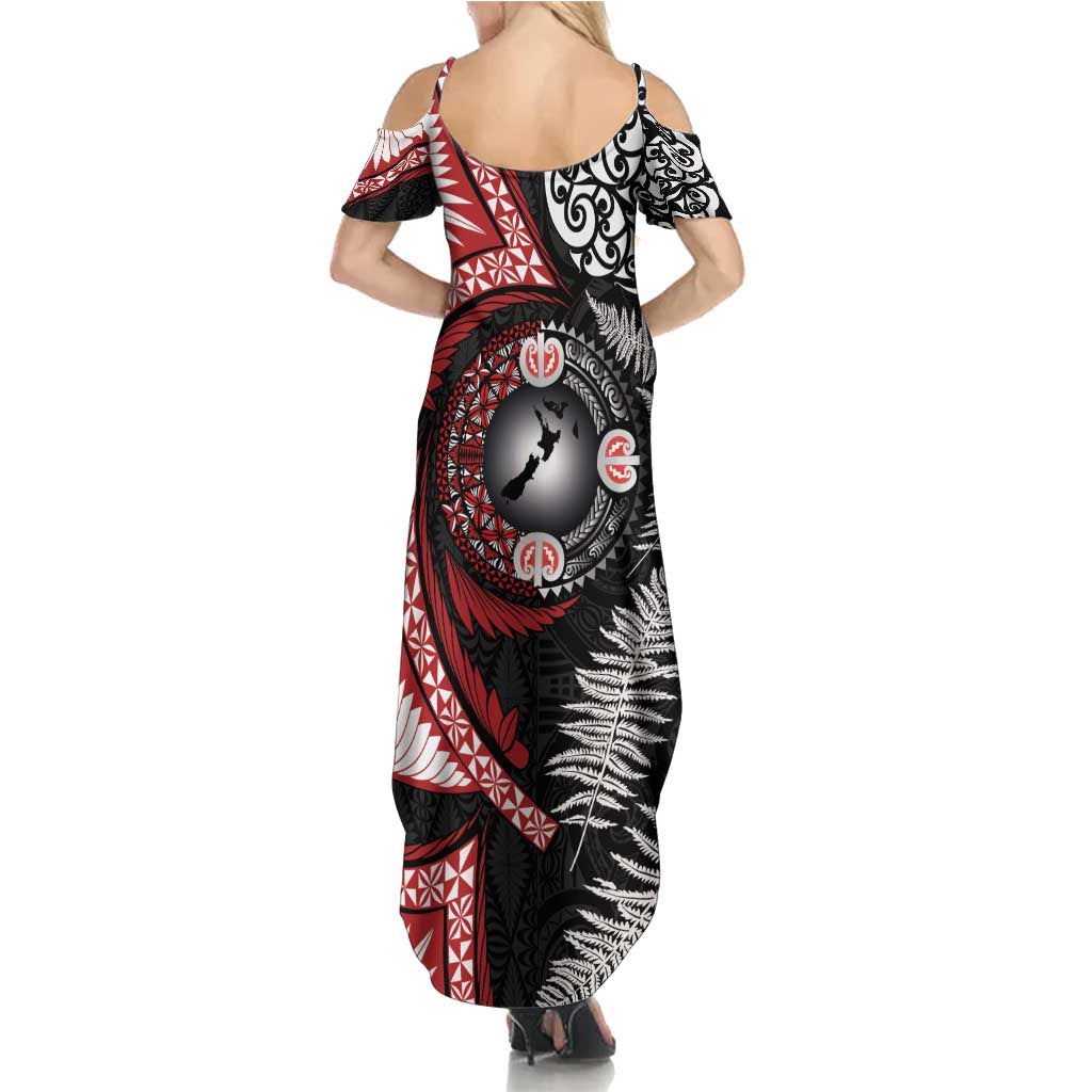 Tonga and New Zealand Together Family Matching Summer Maxi Dress and Hawaiian Shirt Ngatu Art Tribal Maori Tattoo and Silver Fern