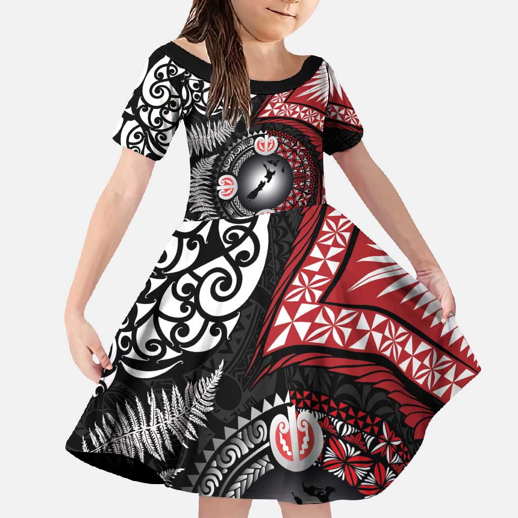 Tonga and New Zealand Together Family Matching Tank Maxi Dress and Hawaiian Shirt Ngatu Art Tribal Maori Tattoo and Silver Fern