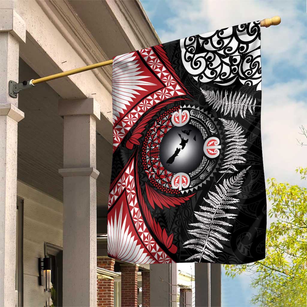 Tonga and New Zealand Together Garden Flag Ngatu Art Tribal Maori Tattoo and Silver Fern