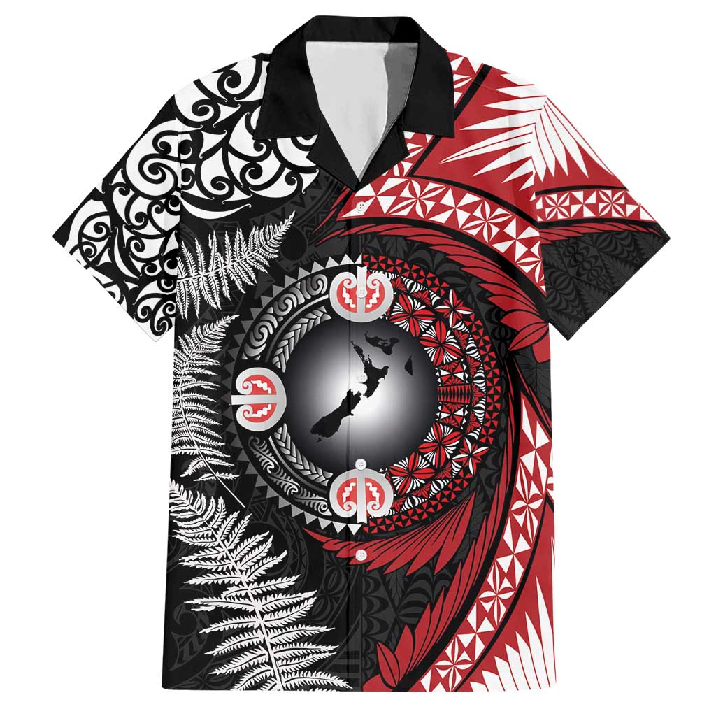 Tonga and New Zealand Together Hawaiian Shirt Ngatu Art Tribal Maori Tattoo and Silver Fern LT03 Black - Polynesian Pride