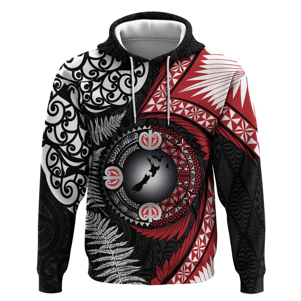 Tonga and New Zealand Together Hoodie Ngatu Art Tribal Maori Tattoo and Silver Fern