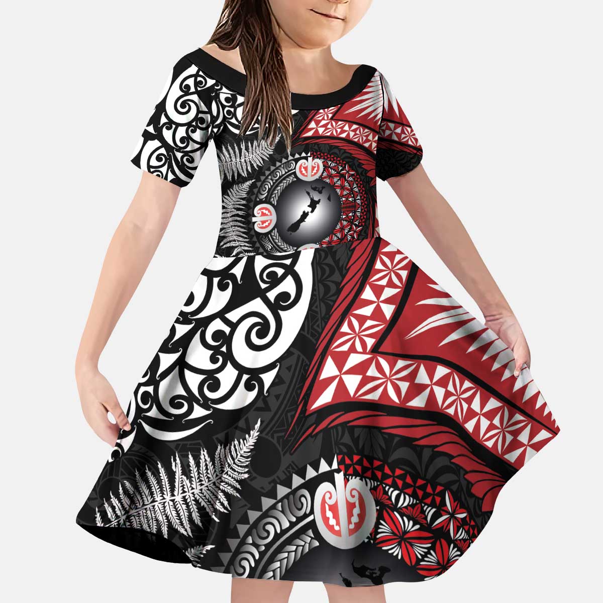 Tonga and New Zealand Together Kid Short Sleeve Dress Ngatu Art Tribal Maori Tattoo and Silver Fern