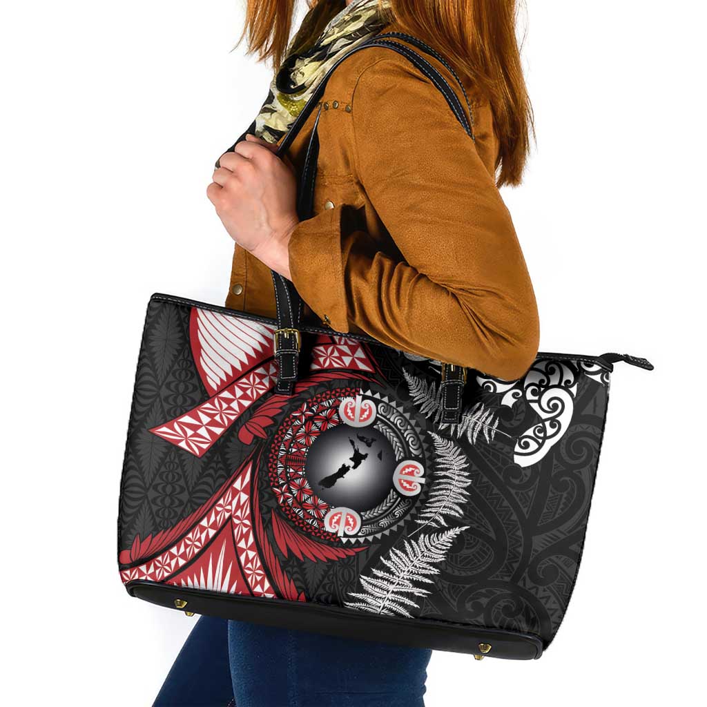 Tonga and New Zealand Together Leather Tote Bag Ngatu Art Tribal Maori Tattoo and Silver Fern