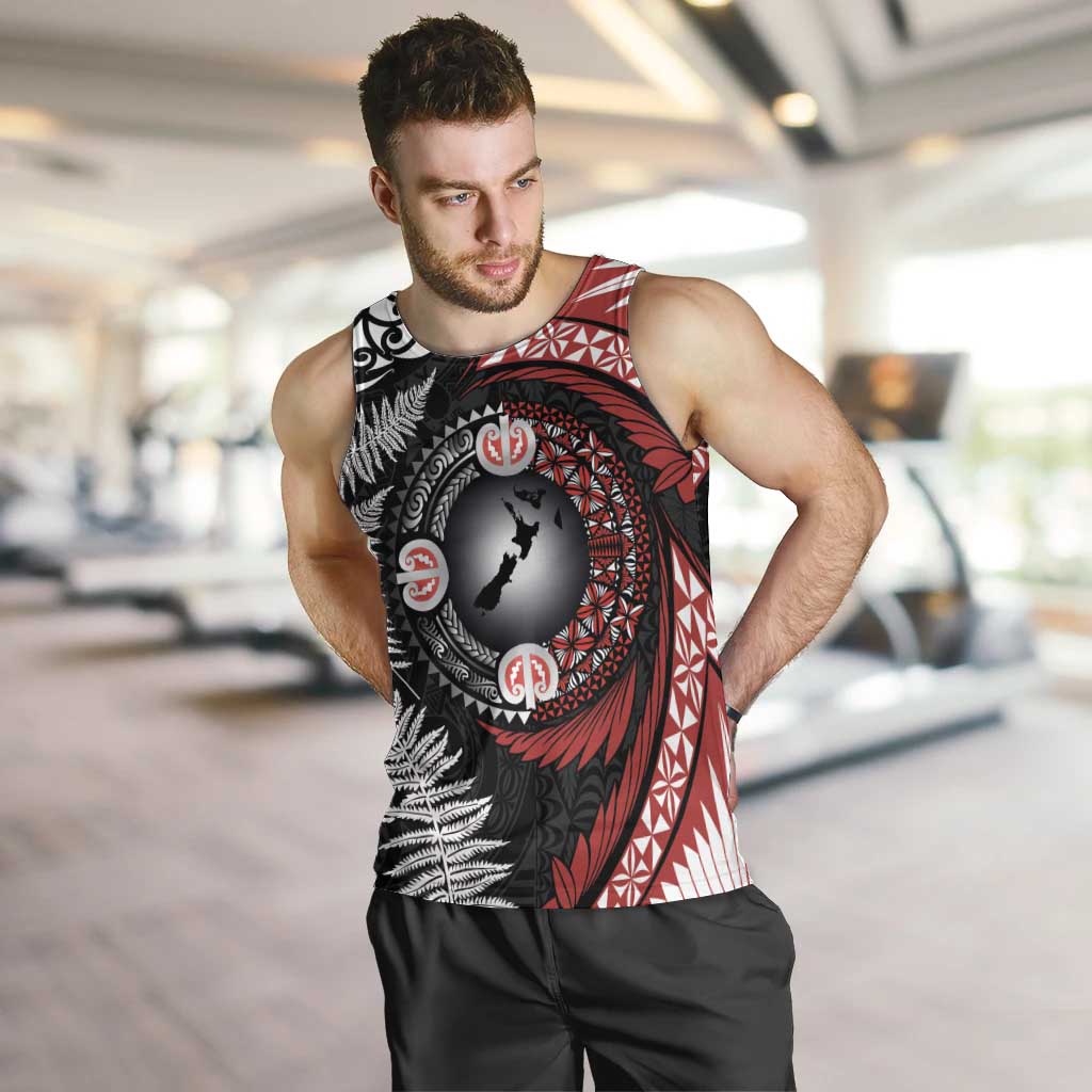 Tonga and New Zealand Together Men Tank Top Ngatu Art Tribal Maori Tattoo and Silver Fern LT03 Black - Polynesian Pride