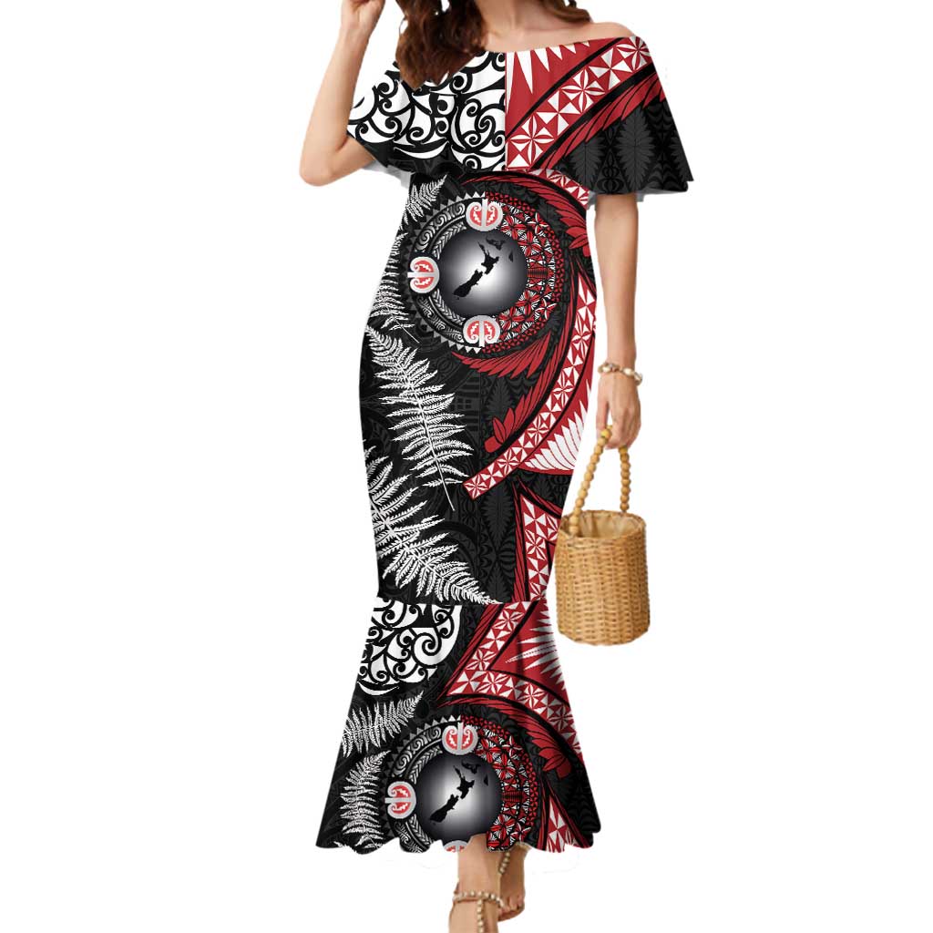 Tonga and New Zealand Together Mermaid Dress Ngatu Art Tribal Maori Tattoo and Silver Fern