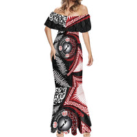 Tonga and New Zealand Together Mermaid Dress Ngatu Art Tribal Maori Tattoo and Silver Fern