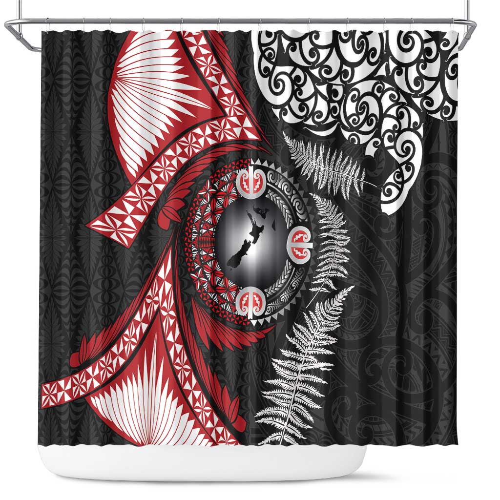 Tonga and New Zealand Together Shower Curtain Ngatu Art Tribal Maori Tattoo and Silver Fern