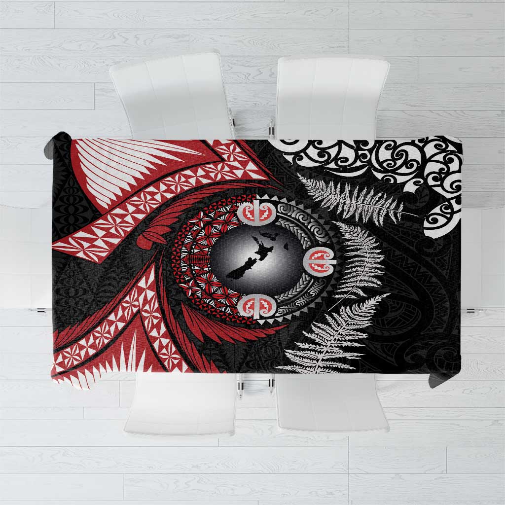 Tonga and New Zealand Together Tablecloth Ngatu Art Tribal Maori Tattoo and Silver Fern LT03 Black - Polynesian Pride