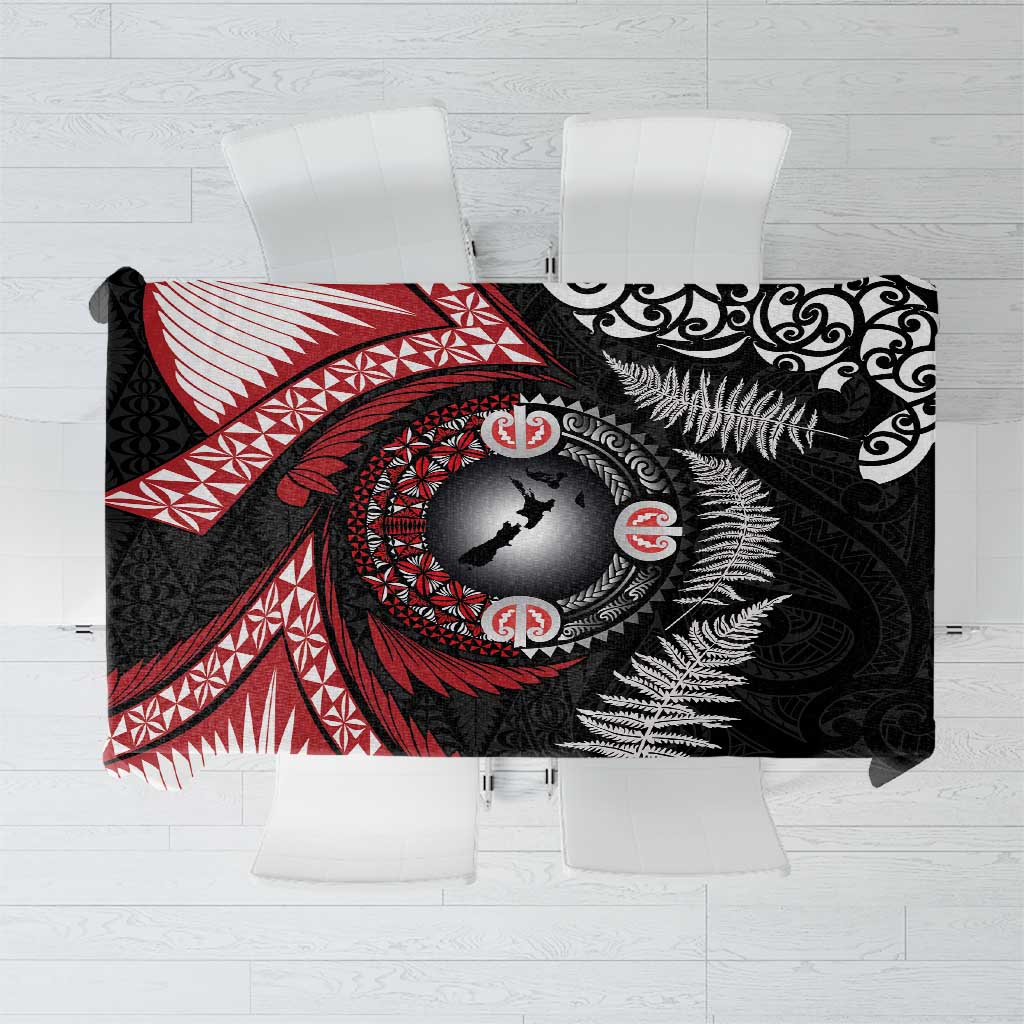 Tonga and New Zealand Together Tablecloth Ngatu Art Tribal Maori Tattoo and Silver Fern