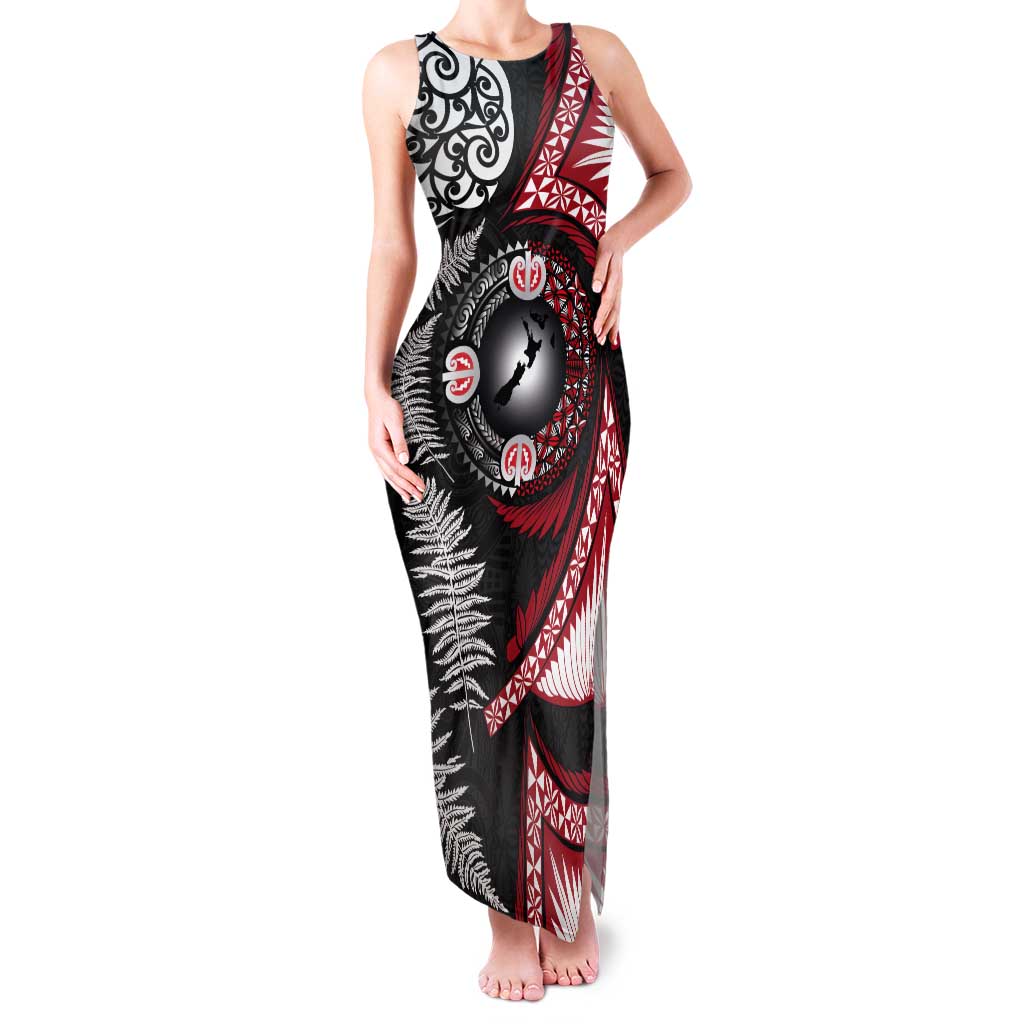 Tonga and New Zealand Together Tank Maxi Dress Ngatu Art Tribal Maori Tattoo and Silver Fern