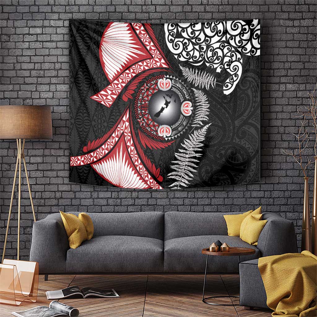 Tonga and New Zealand Together Tapestry Ngatu Art Tribal Maori Tattoo and Silver Fern