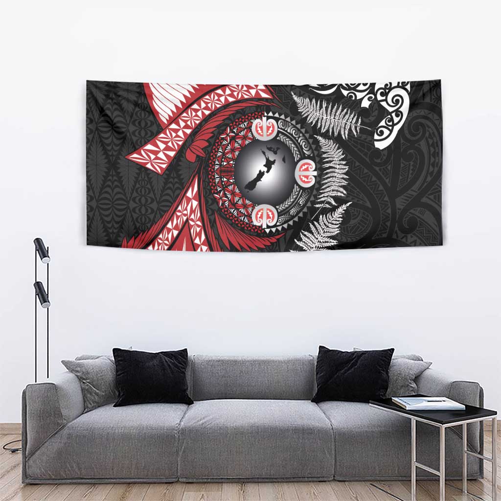 Tonga and New Zealand Together Tapestry Ngatu Art Tribal Maori Tattoo and Silver Fern