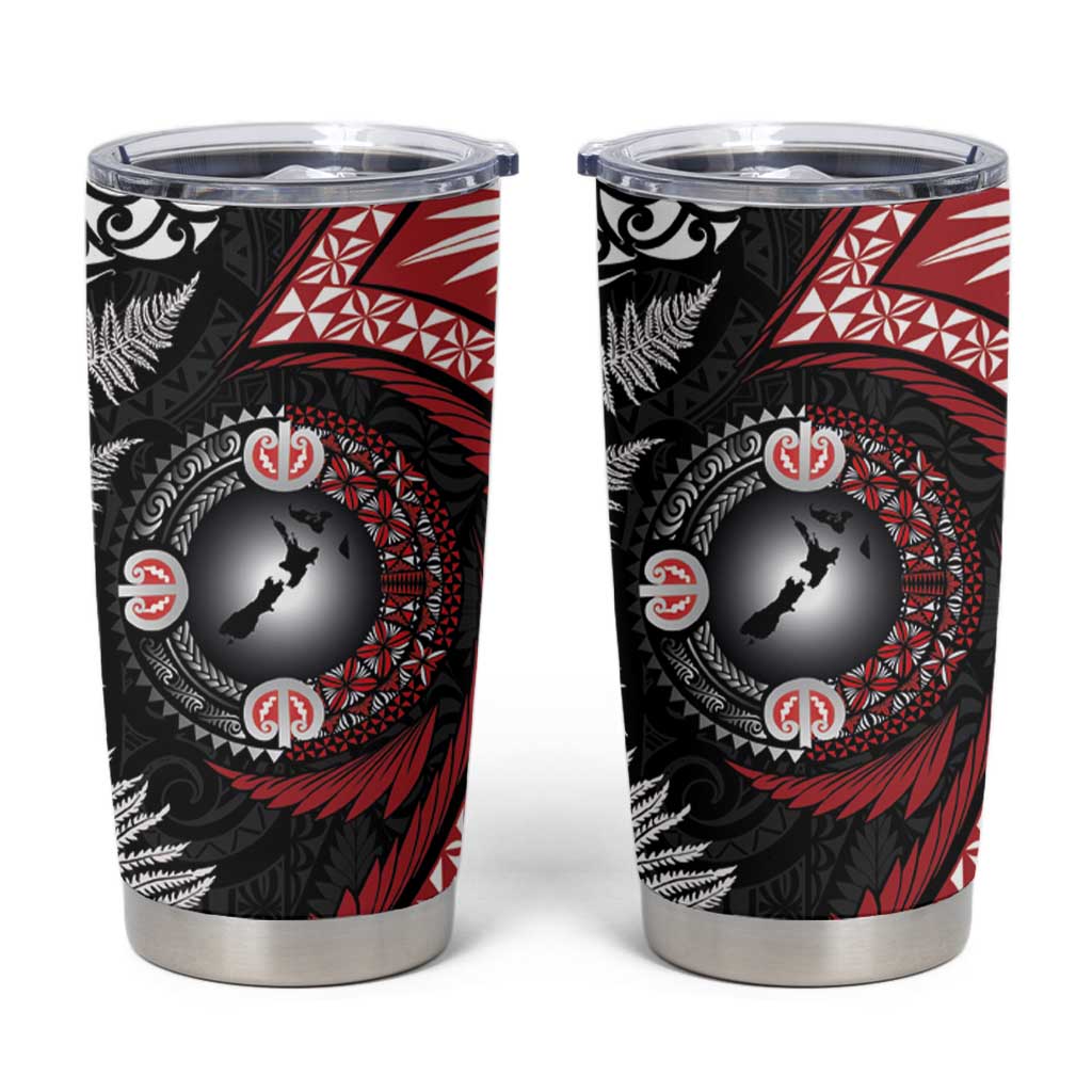 Tonga and New Zealand Together Tumbler Cup Ngatu Art Tribal-Maori Tattoo and Silver Fern LT03 Black - Polynesian Pride