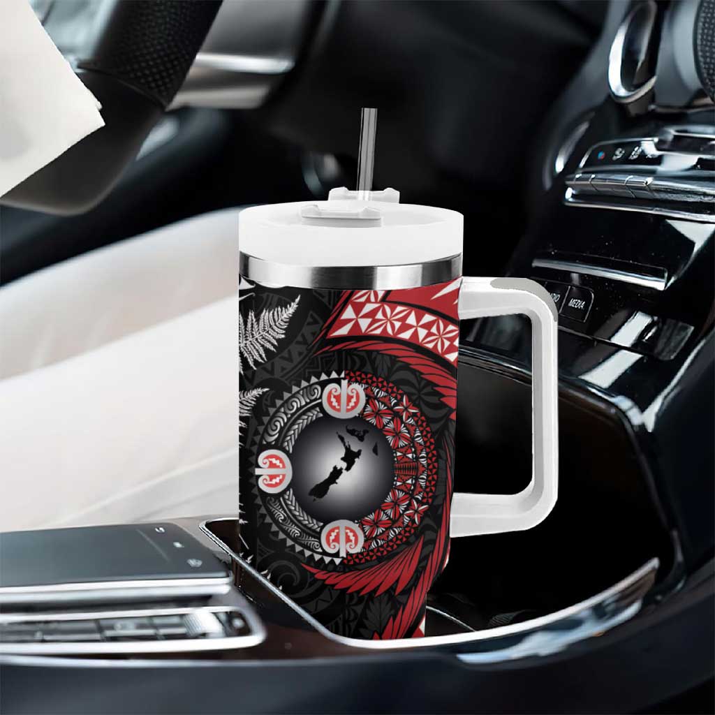 Tonga and New Zealand Together Tumbler With Handle Ngatu Art Tribal-Maori Tattoo and Silver Fern
