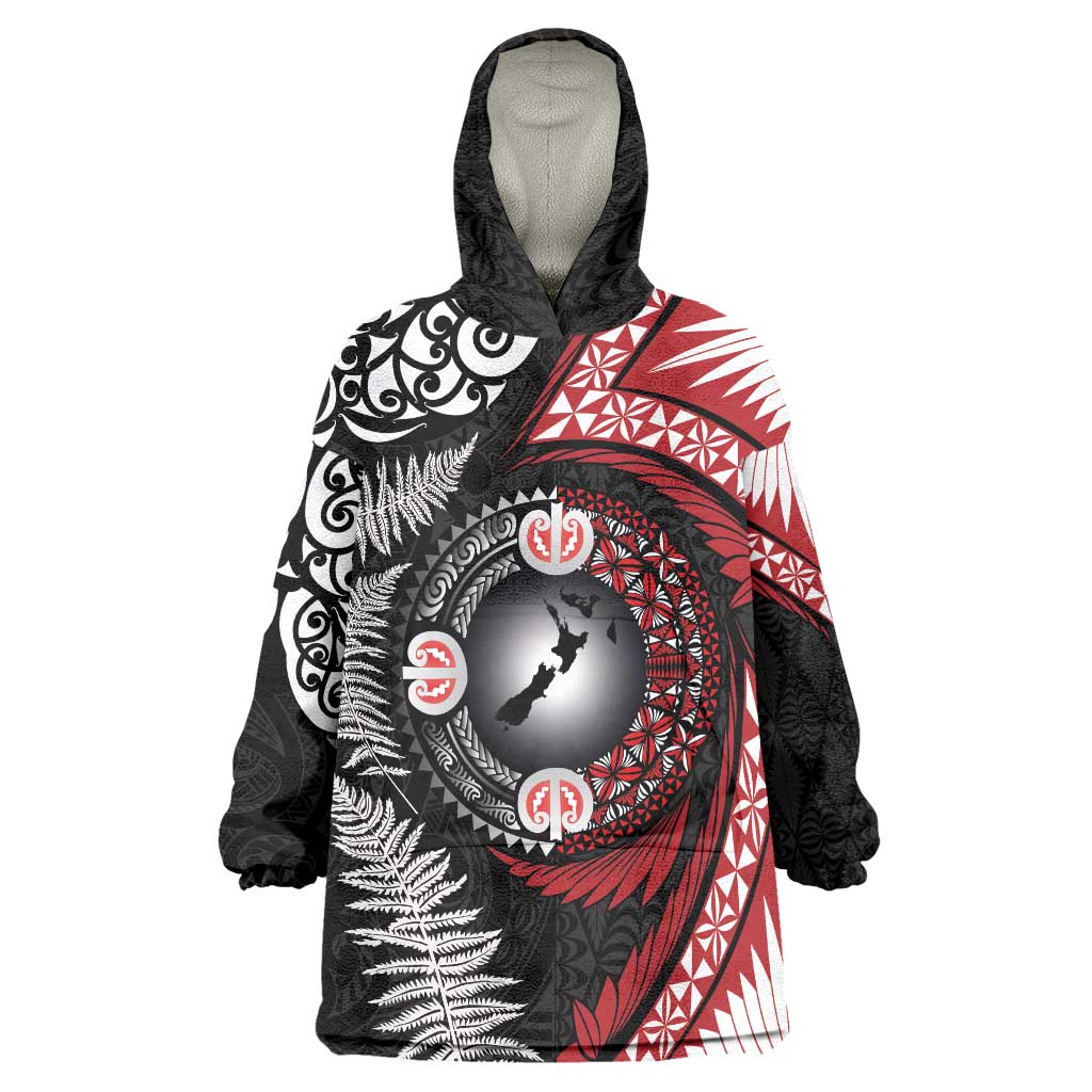 Tonga and New Zealand Together Wearable Blanket Hoodie Ngatu Art Tribal Maori Tattoo and Silver Fern