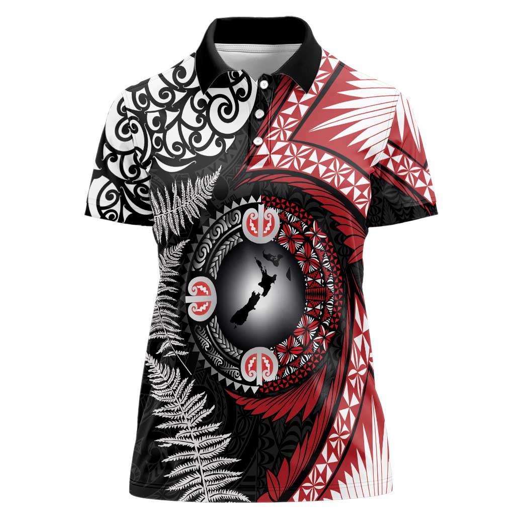 Tonga and New Zealand Together Women Polo Shirt Ngatu Art Tribal Maori Tattoo and Silver Fern