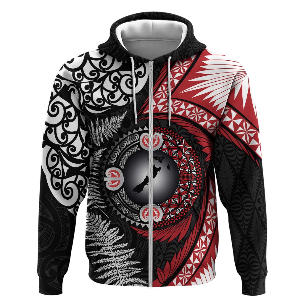 Tonga and New Zealand Together Zip Hoodie Ngatu Art Tribal Maori Tattoo and Silver Fern