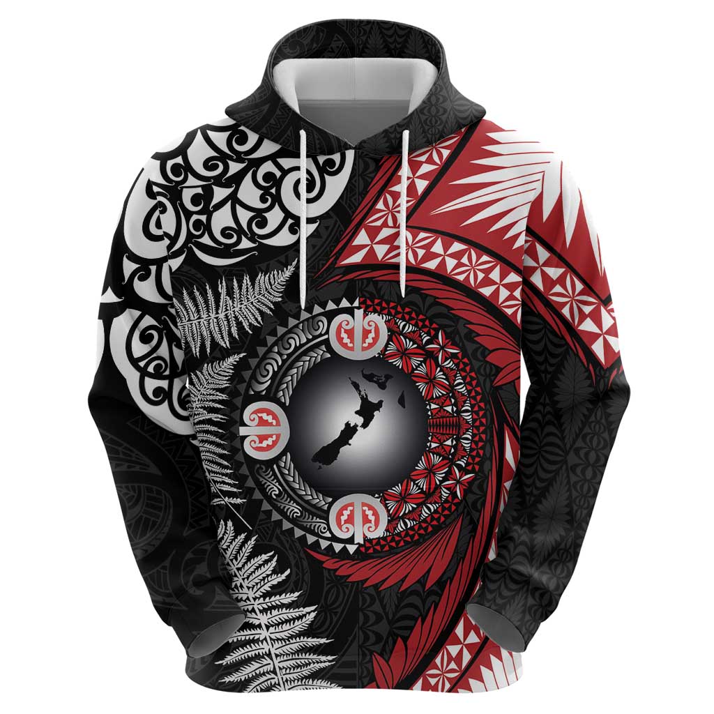 Tonga and New Zealand Together Zip Hoodie Ngatu Art Tribal Maori Tattoo and Silver Fern