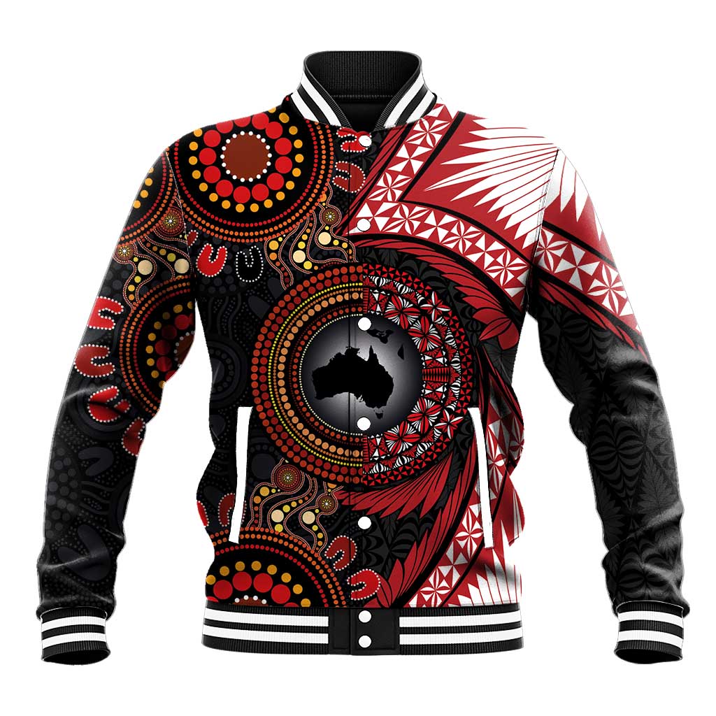 Tonga and Australia Together Baseball Jacket Ngatu Art Tribal Aboriginal Tattoo Pattern LT03 Unisex Black - Polynesian Pride