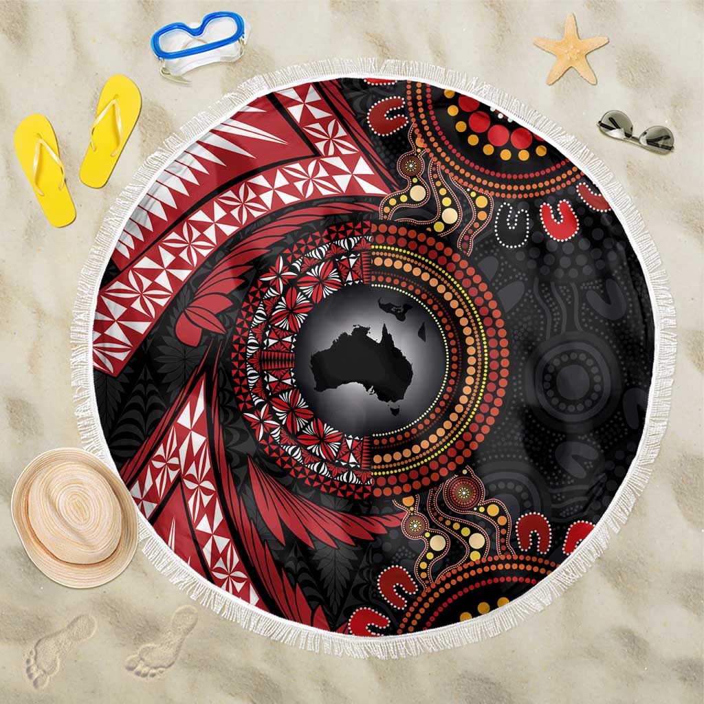 Tonga and Australia Together Beach Blanket Ngatu Art Tribal Aboriginal Tattoo Pattern LT03 One Size 150cm Black - Polynesian Pride