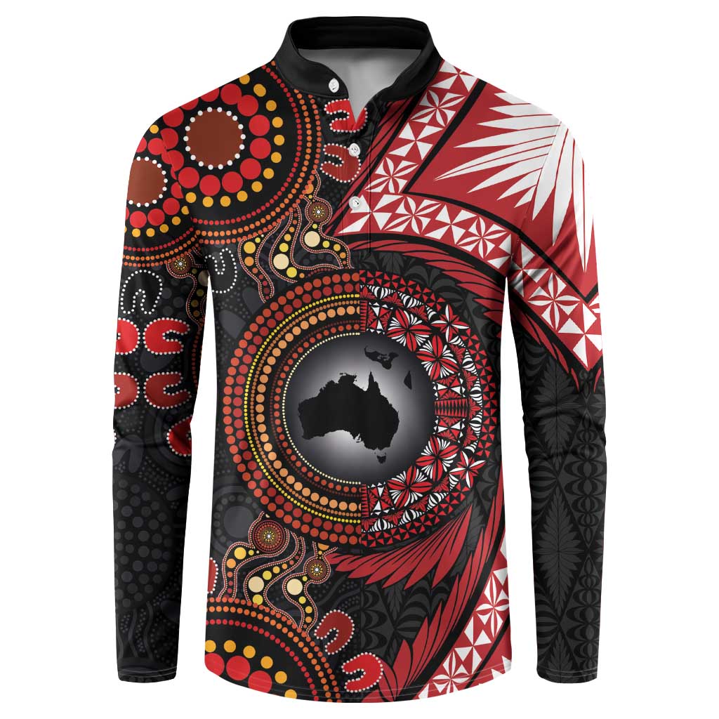 Tonga and Australia Together Button Sweatshirt Ngatu Art Tribal Aboriginal Tattoo Pattern LT03 Black - Polynesian Pride