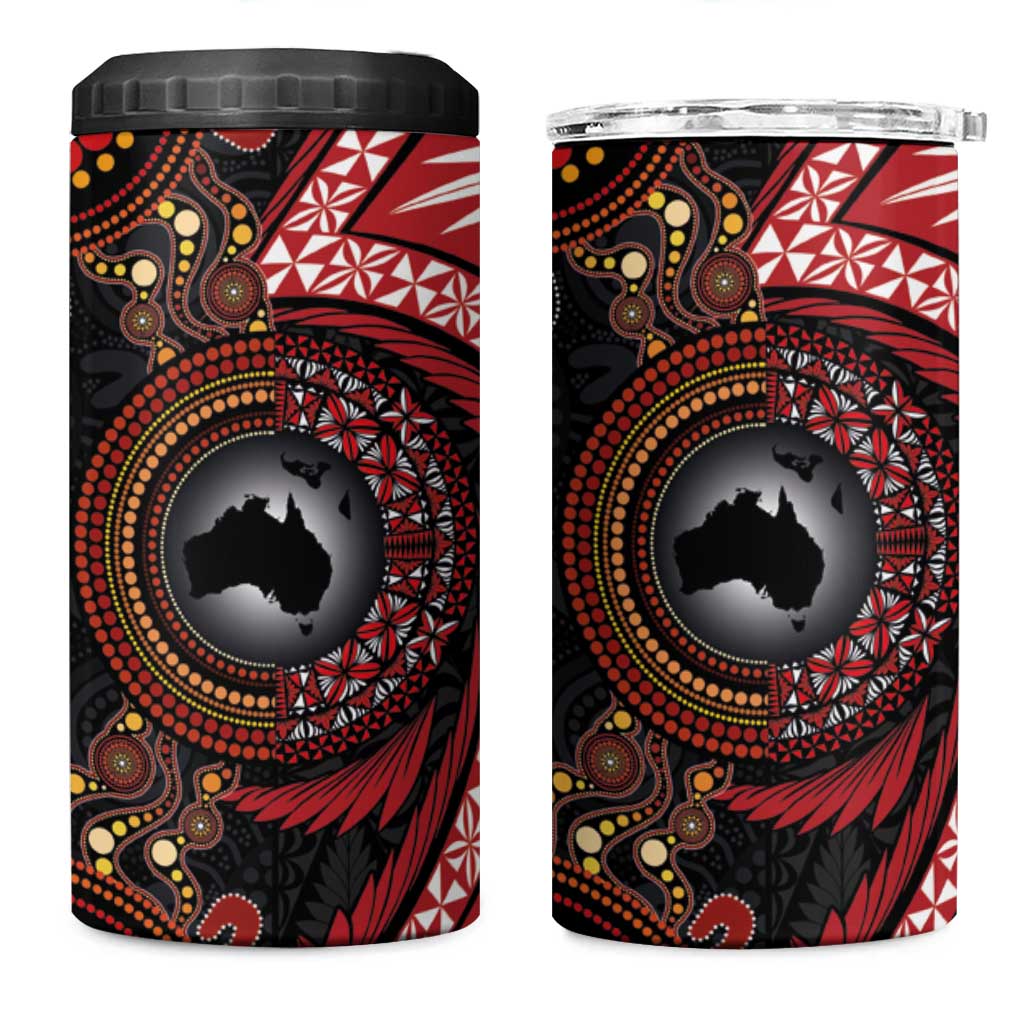 Tonga and Australia Together 4 in 1 Can Cooler Tumbler Ngatu Art Tribal-Aboriginal Tattoo Pattern LT03 One Size: 16 oz Black - Polynesian Pride
