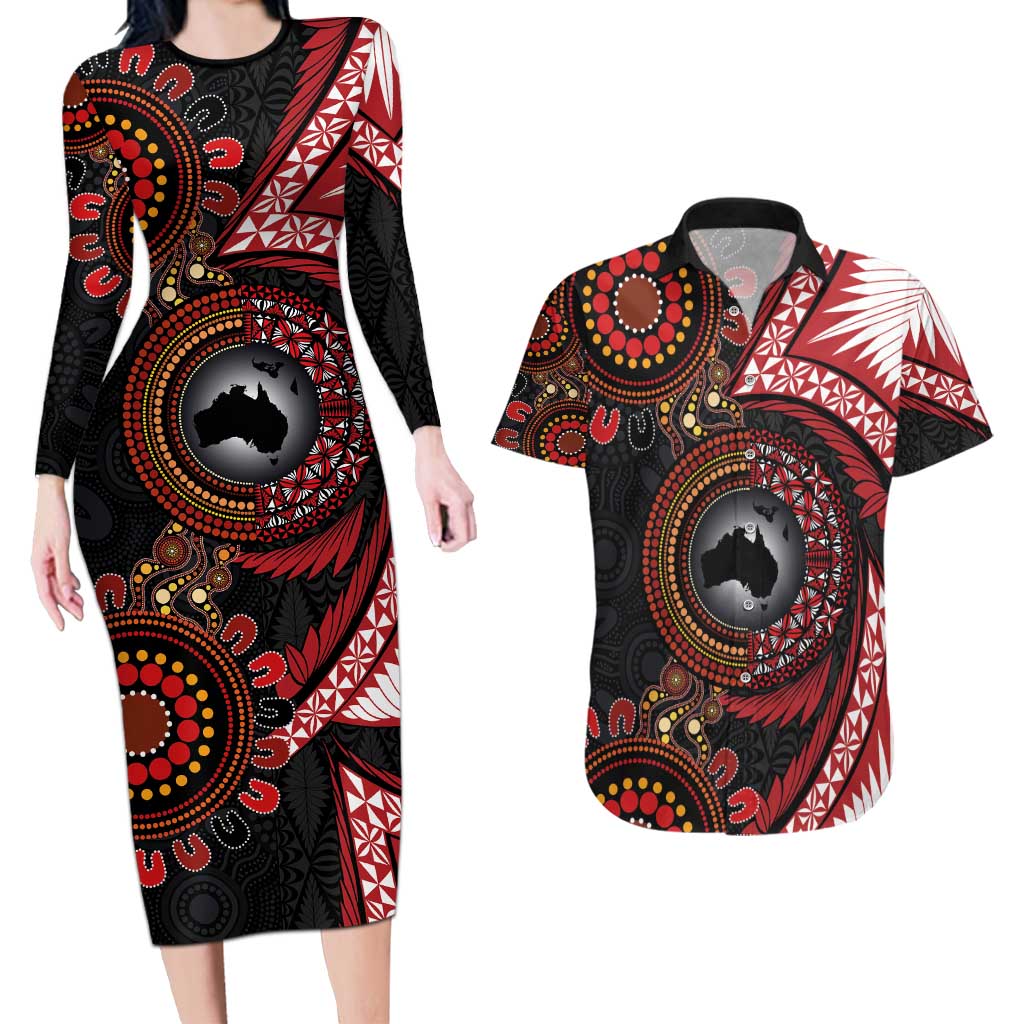 Tonga and Australia Together Couples Matching Long Sleeve Bodycon Dress and Hawaiian Shirt Ngatu Art Tribal Aboriginal Tattoo Pattern LT03 Black - Polynesian Pride
