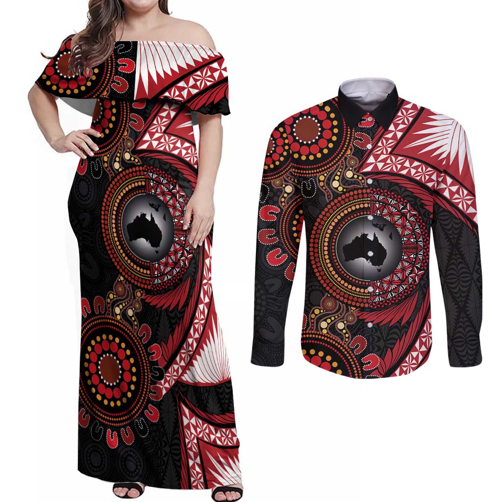 Tonga and Australia Together Couples Matching Off Shoulder Maxi Dress and Long Sleeve Button Shirt Ngatu Art Tribal Aboriginal Tattoo Pattern