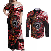 Tonga and Australia Together Couples Matching Off Shoulder Maxi Dress and Long Sleeve Button Shirt Ngatu Art Tribal Aboriginal Tattoo Pattern